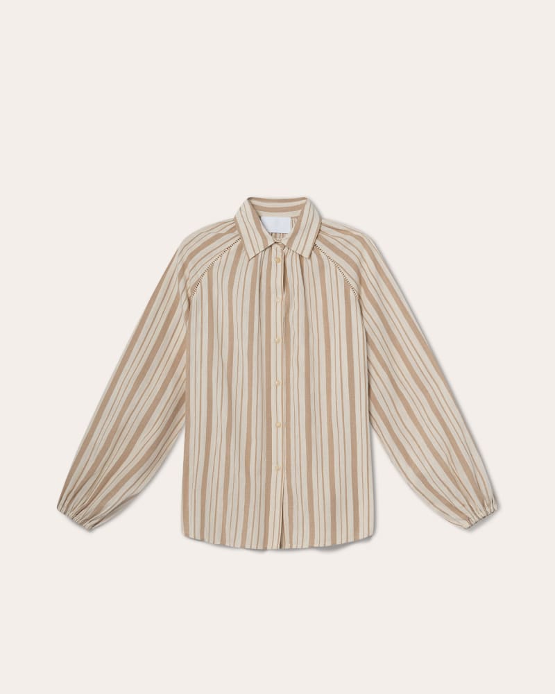Front of a size XL Tiana Top in Driftwood Yarn Dyed Stripe by Merlette. | dia_product_style_image_id:348193